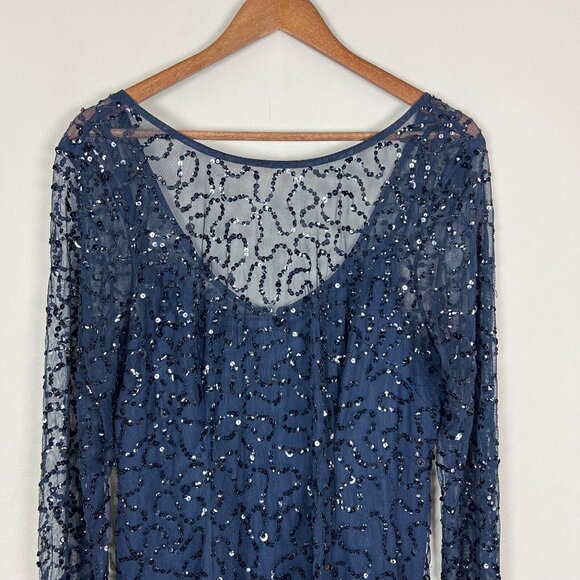 Papell Boutique Dress 16 Navy Blue Sequin Sheath Sheer Long Sleeve‎ Cocktail Zip - Picture 3 of 10